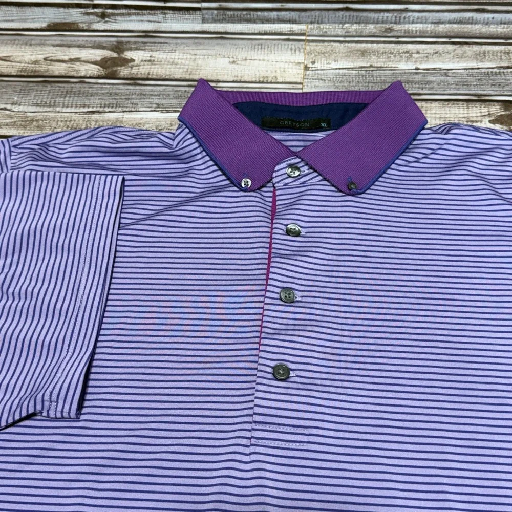 Greyson Polo Shirt Mens XL Purple Striped Short Sleeve Golf Athletic